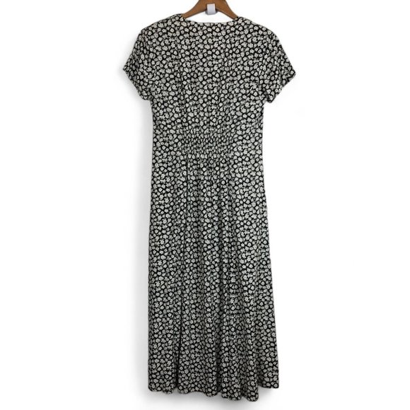 All Week Long Vtg 80s Maxi Dress Sz 10 Smocked Drop Bow Floral Black White - Picture 6 of 9